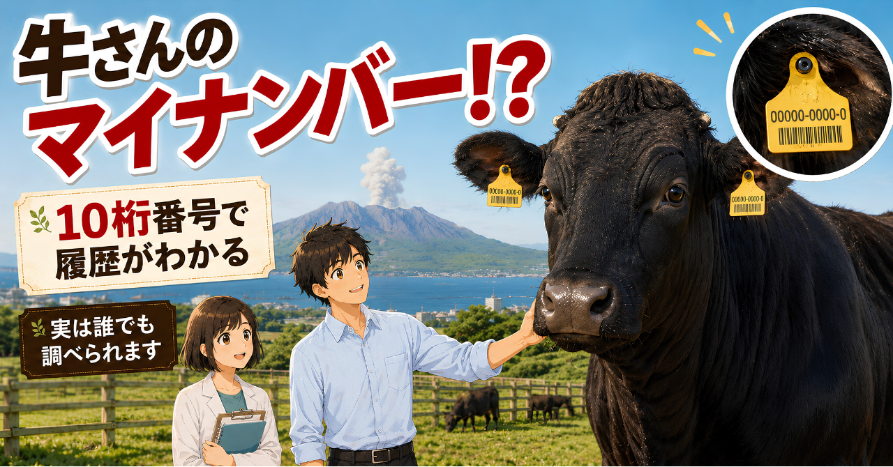 牛肉パックのラベルに表示された10桁の個体識別番号と、鹿児島の牛肉表示問題をテーマにしたサムネイル画像