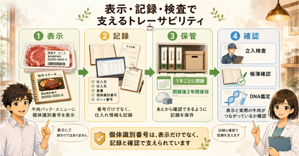 牛肉の表示、帳簿や伝票による記録、農林水産省の立入検査、DNA鑑定によって牛トレーサビリティが確認される流れを示した図解