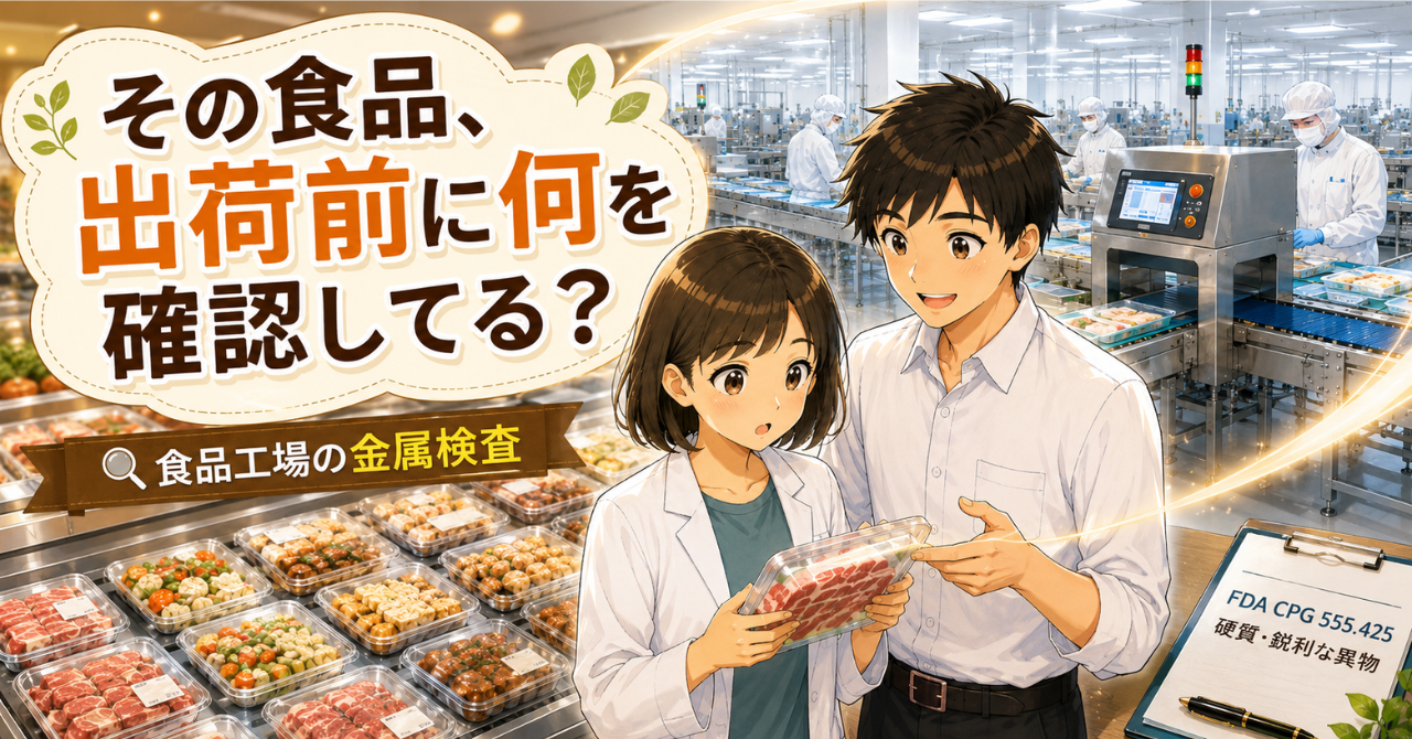 スーパーの食品売場と、食品工場の金属検出機による検査工程を並べて描いたイメージ図