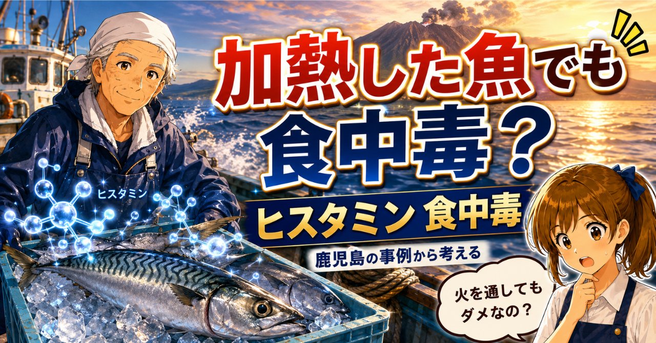加熱した魚でも起こることがあるヒスタミン食中毒を、サバとヒスタミンの分子イメージで解説するサムネイル画像
