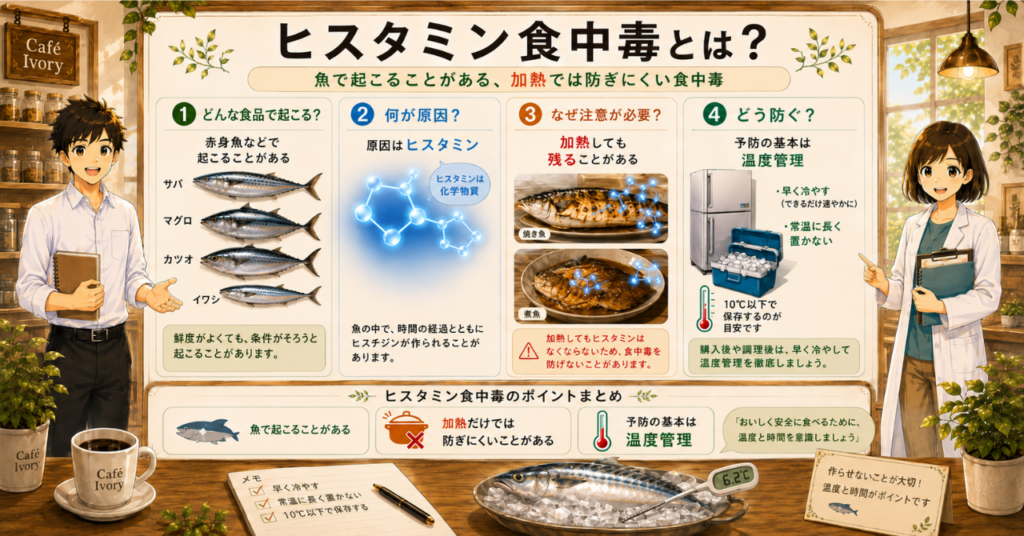 ヒスタミン食中毒は赤身魚などで起こり、加熱では防ぎにくく、予防には温度管理が大切であることを示した概要図