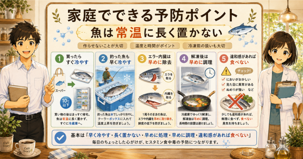 ヒスタミン食中毒を防ぐために、魚を早く冷やし、常温に長く置かず、解凍後は早めに調理するポイントを示した図
