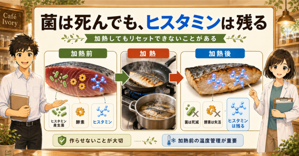 加熱によって細菌は死滅しても、すでに生成されたヒスタミンは魚料理の中に残ることがあると示した図