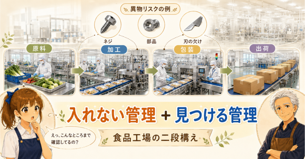 原料受入から加工・包装・出荷まで食品が通る工程と、異物を入れない管理・見つける管理の二段構えを示した図