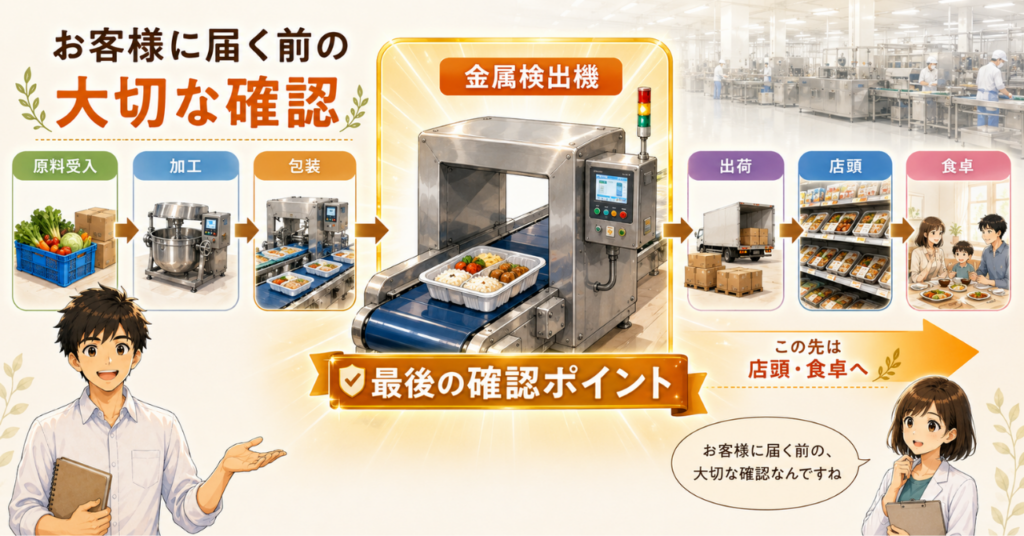 原料受入・加工・包装・金属検出機・出荷の順に並ぶ工程フロー図。金属検出機の位置に「最後の砦」と表示