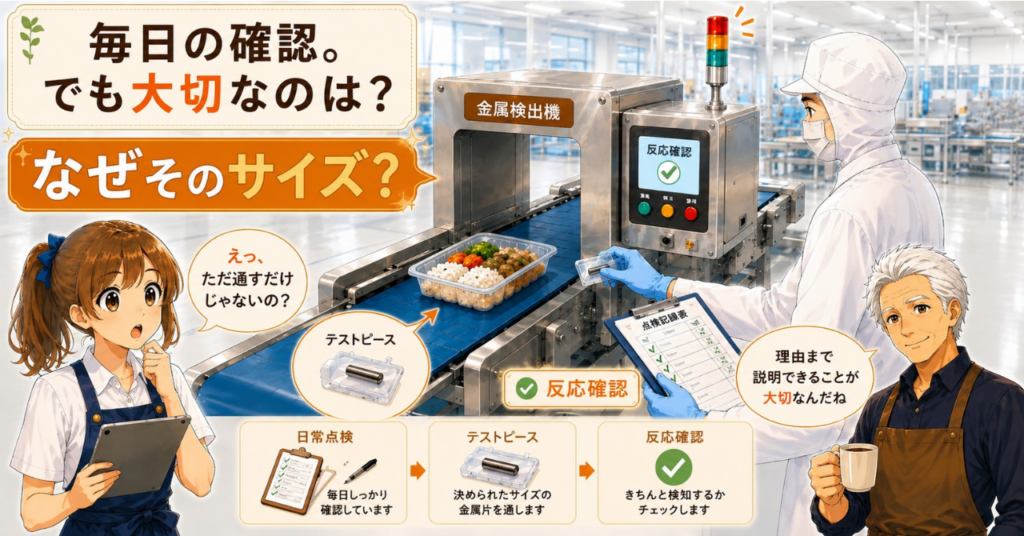 作業者が金属検出機にテストピースを通し、機械が正しく反応するか確認している点検作業の図