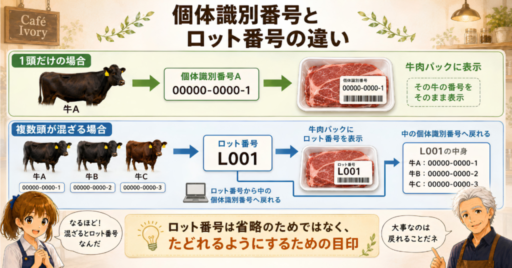 1頭ごとの個体識別番号と、複数の牛肉をまとめるロット番号の違いを、牛肉パックと番号の流れで示した図解