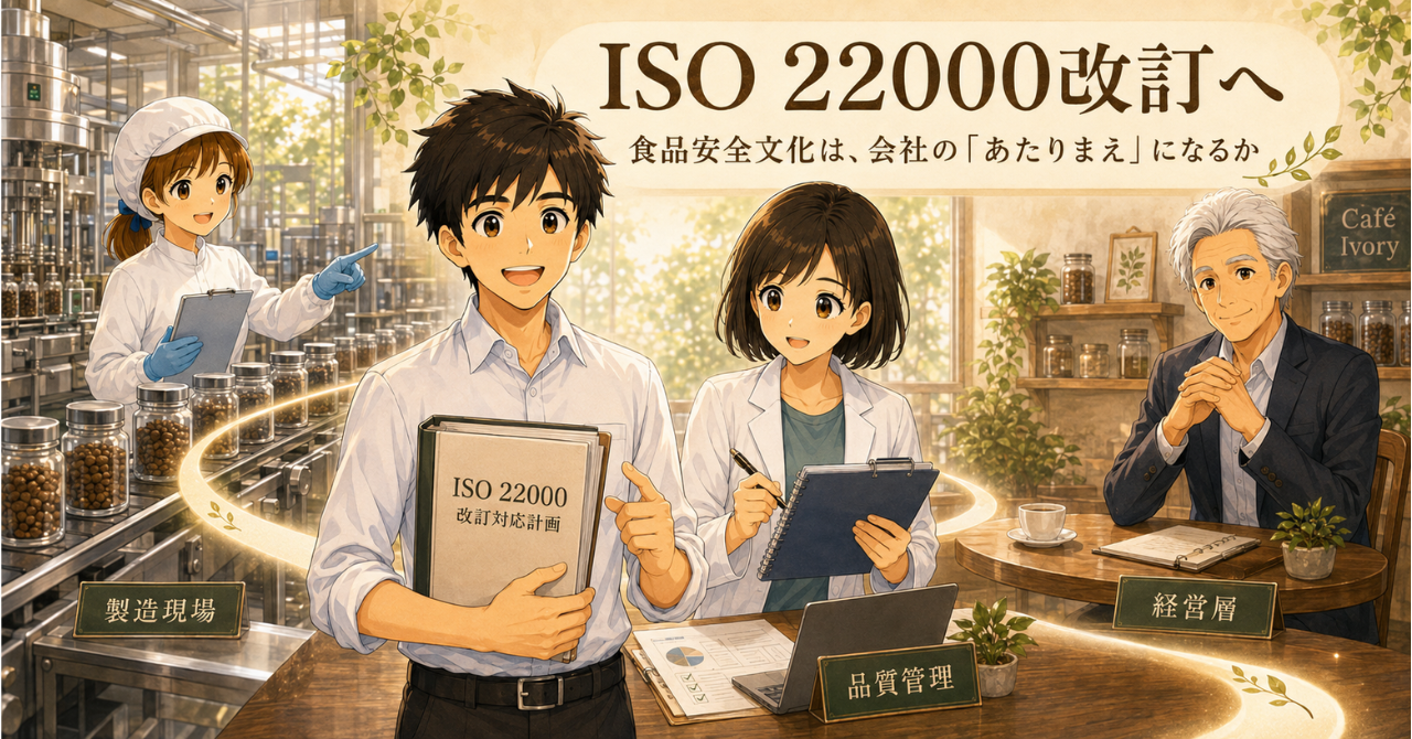 次期ISO 22000の食品安全文化をテーマに、品管、製造現場、経営者をつなぐカフェ・アイボリーのキャラクターたち