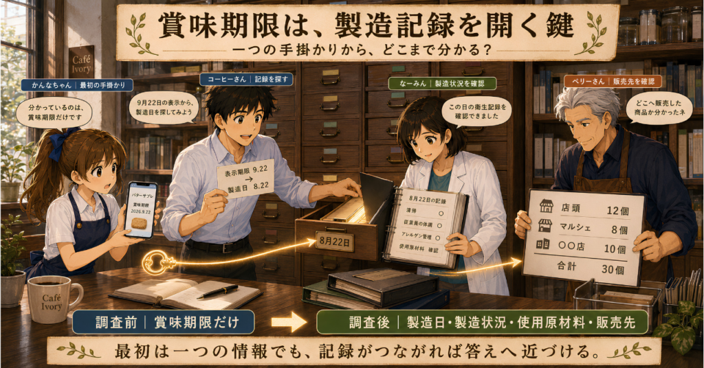 商品の賞味期限を手掛かりに、製造日、衛生記録、使用原材料、販売先を確認する流れ