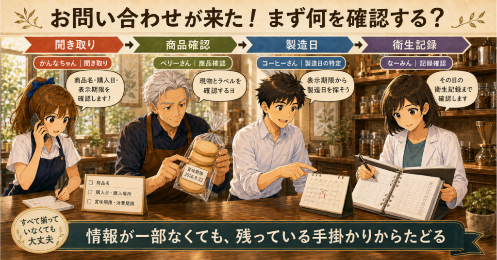 食品への問い合わせを受けた際に、聞き取り、商品確認、製造日、衛生記録の順で確認する流れ