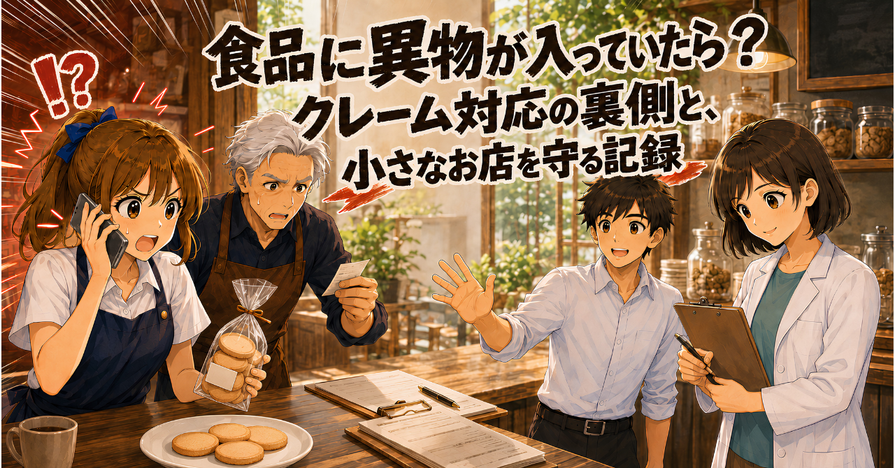 食品への異物混入の問い合わせに慌てるかんなちゃんとペリーさんを、コーヒーさんとなーみんが記録で支える様子